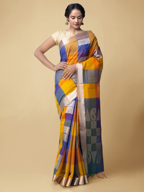 

Unnati Silks Yellow & Blue Checked Zari Silk Cotton Handloom Baluchari Saree