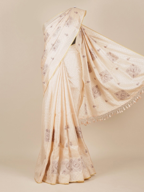

Pothys Cream & Maroon Checked Zari Jute Silk Saree