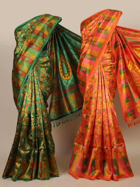 

Pothys Pack of 2 Green & Orange Printed Jute Silk Saree