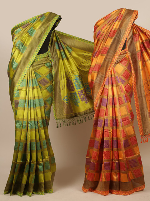 

Pothys Pack of 2 Green & Orange Checked Jute Silk Saree