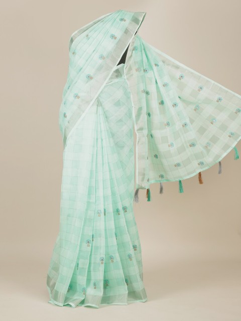 

Pothys Green & Silver-Toned Checked Embroidered Tissue Saree