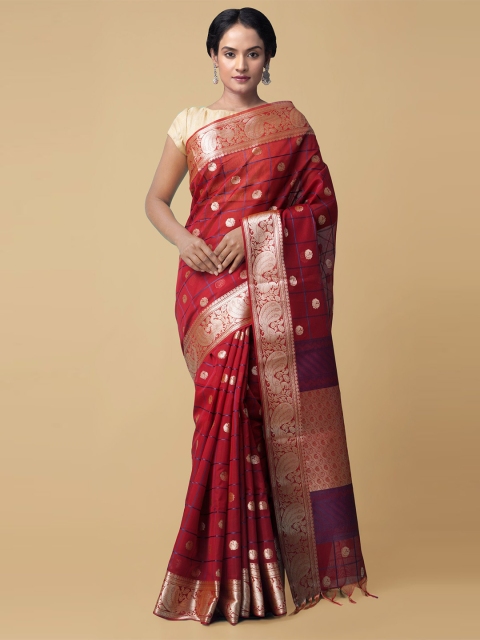 

Unnati Silks Red & Blue Ethnic Motifs Zari Silk Cotton Baluchari Handloom Saree