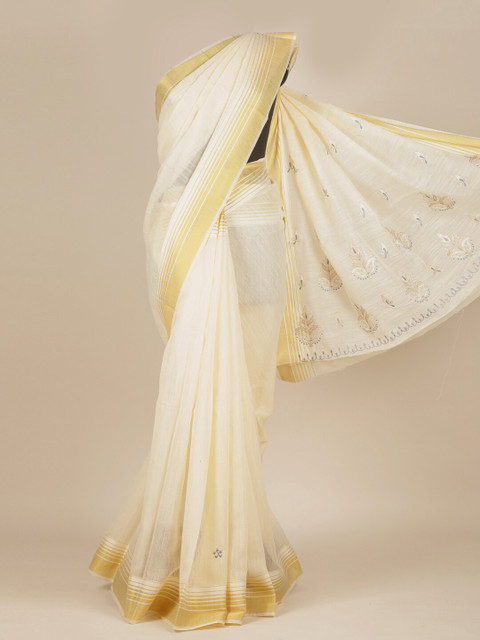

Pothys Cream & White Embroidered Pure Cotton Saree