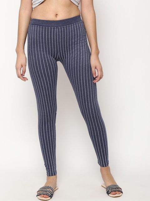 

V2 Value & Variety Women Blue & White Striped Cotton Ankle-Length Leggings