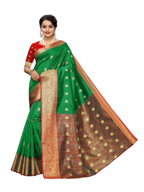 

KALINI Green & Red Woven Design Zari Banarasi Saree