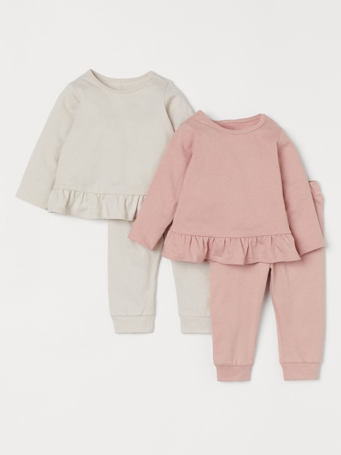 

H&M Infant Girls Pink & Beige Solid 2-Pack Cotton Night Suit