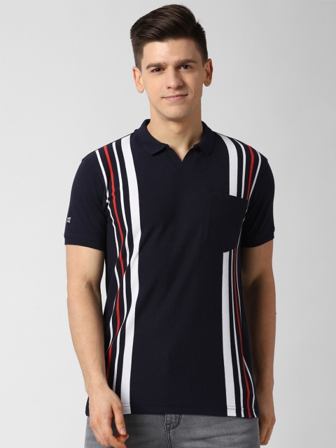 

Peter England Casuals Men Navy Blue Striped Mandarin Collar T-shirt