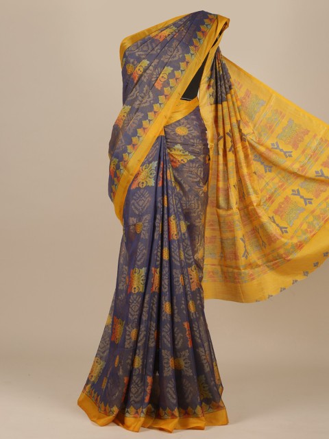 

Pothys Blue & Yellow Ethnic Motifs Jute Silk Chanderi Saree
