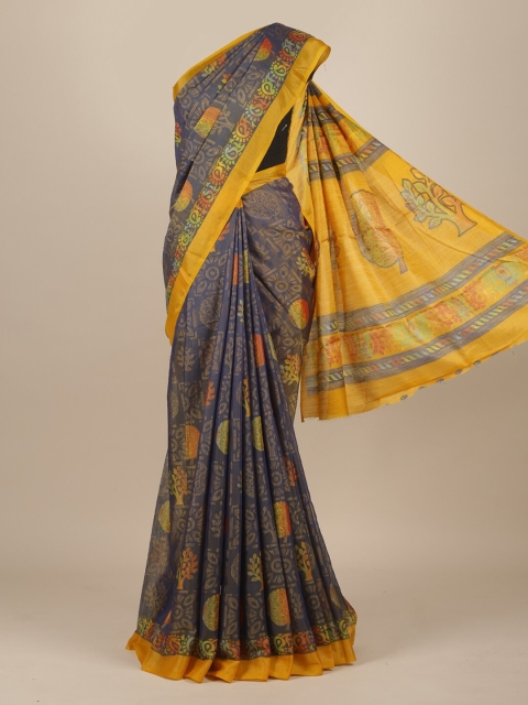 

Pothys Navy Blue & Yellow Ethnic Motifs Jute Silk Saree