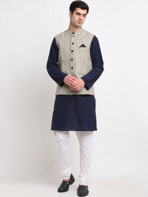 

NEUDIS Men Navy Blue & Beige Layered Pure Cotton Kurta with Churidar