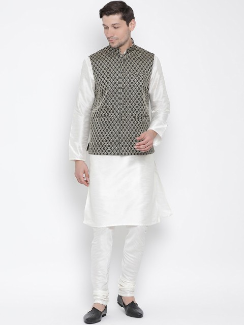 

VASTRAMAY Men Cream Kurta with Churidar & Nehru Jacket