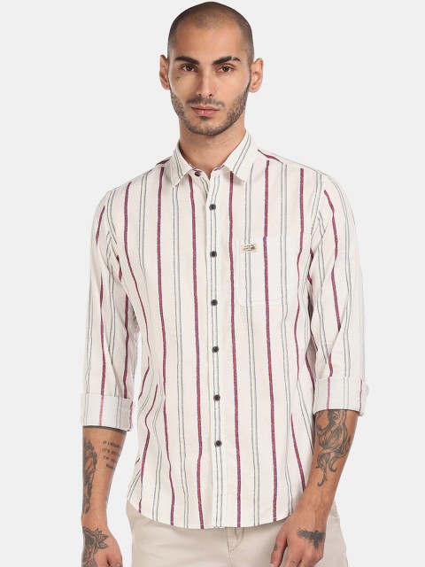 

U S Polo Assn Men Off White Striped Cotton Casual Shirt