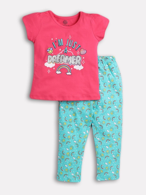

TAMBOURINE Girls Fuchsia & Blue Printed Pure Cotton Top with Leggings