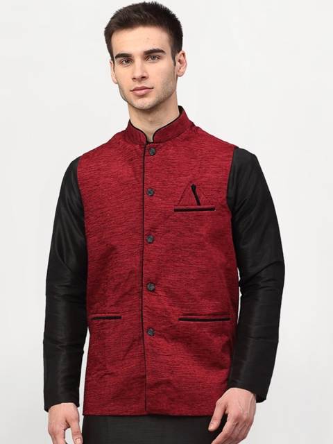 

Jompers Men Maroon & Black Woven Design Nehru Jacket