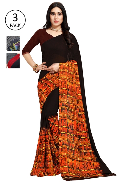 

KALINI Pack Of 3 Poly Georgette Floral Sarees, Grey