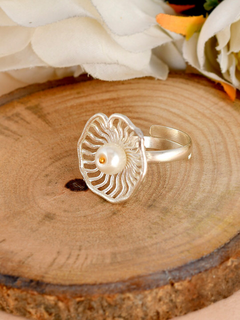 

Silvermerc Designs Silver-Plated White Pearl-Studded Handcrafted Adjustable Finger Ring