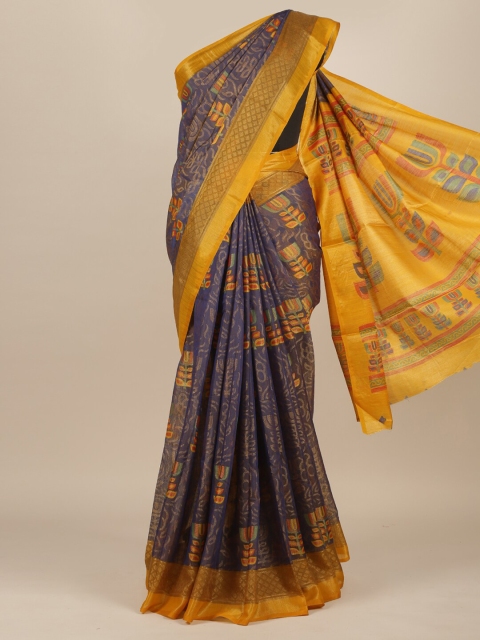 

Pothys Navy Blue & Yellow Ethnic Motifs Jute Silk Chanderi Saree