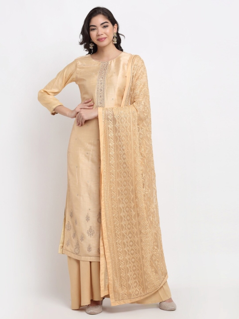

Stylee LIFESTYLE Cream Embroidered Pure Silk Unstitched Dress Material