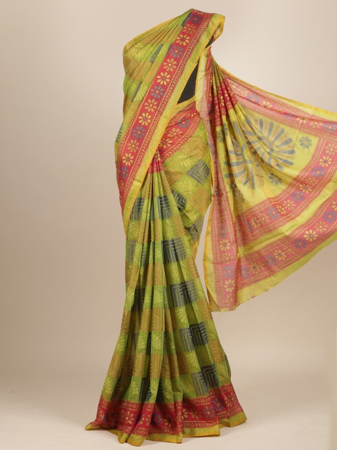 

Pothys Green & Pink Floral Jute Silk Saree