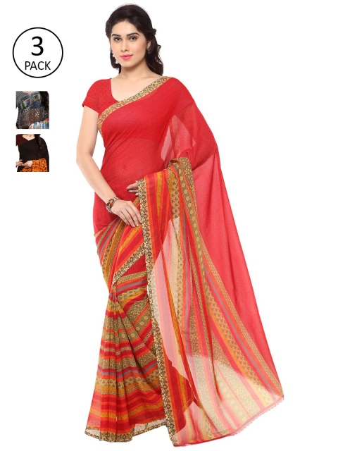 

KALINI Pack Of 3 Red & Grey Striped Sarees