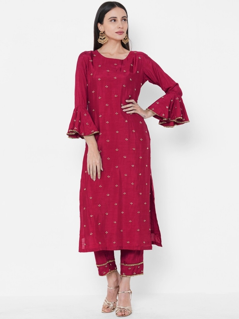 

FASHOR Women Red Ethnic Motifs Printed Raw Silk Kurti with Trousers