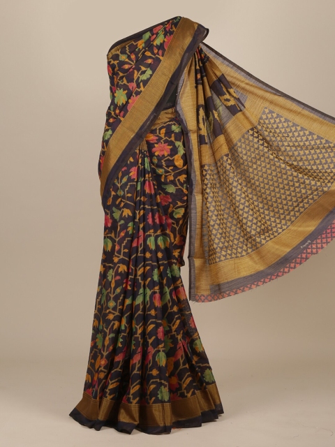 

Pothys Navy Blue Floral Jute Silk Saree