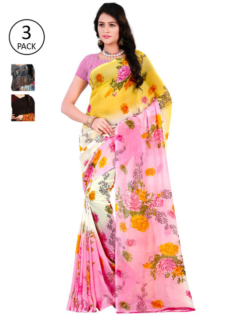 

KALINI Pack of 3 Printed Poly Georgette Saree, Yellow