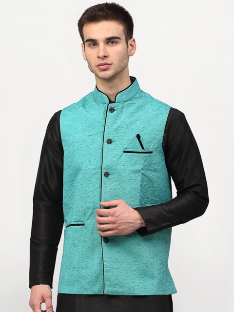 

Jompers Men Turquoise Blue & Black Woven-Design Nehru Jacket