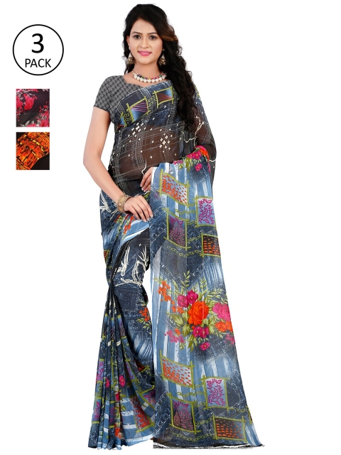 

KALINI Pack Of 3 Poly Georgette Sarees, Grey