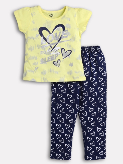 

TAMBOURINE Girls Yellow & Navy Blue Printed Cotton Top with Leggings