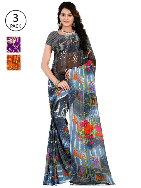 

KALINI Pack of 3 Poly Georgette Sarees, Blue