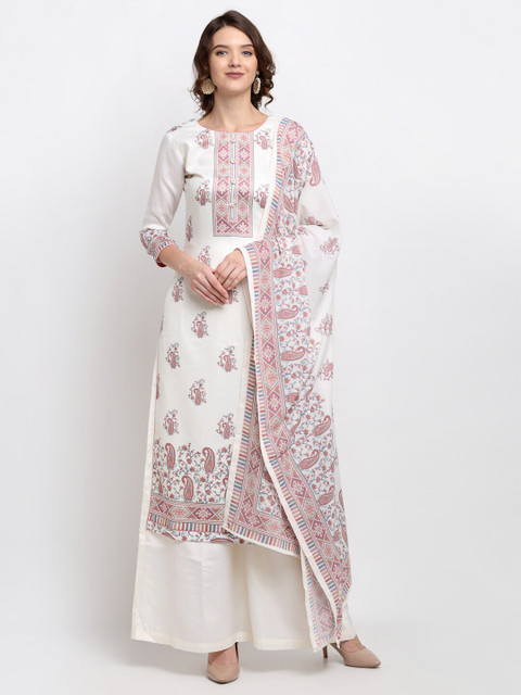 

Stylee LIFESTYLE Woman Cream & Pink Unstitched Dress Material