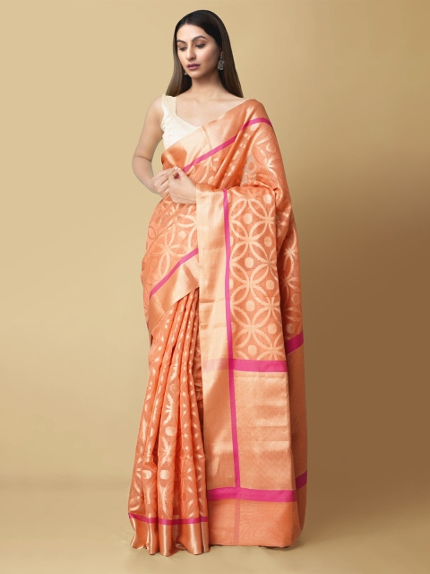 

Unnati Silks Orange & Pink Woven Design Zari Silk Cotton Banarasi Saree
