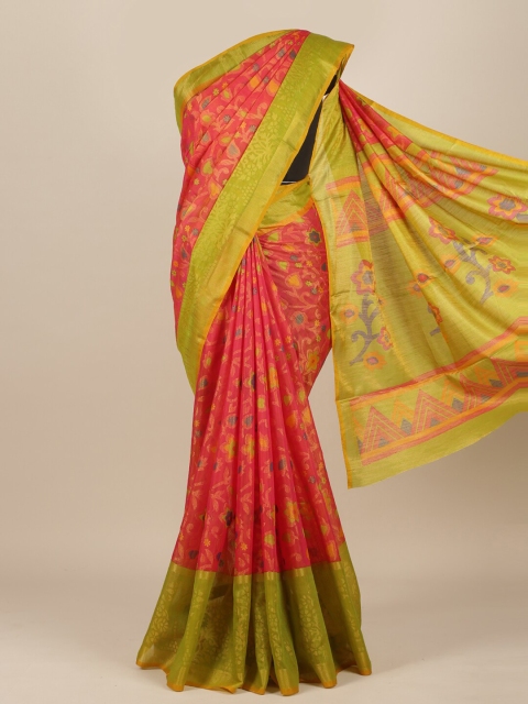 

Pothys Pink & Green Woven Design Zari Jute Silk Saree