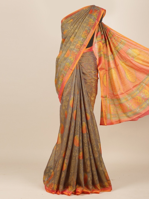 

Pothys Green & Orange Floral Jute Silk Saree
