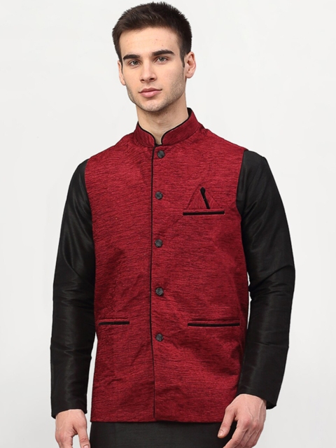 

Jompers Men Maroon & Black Woven-Design Nehru Jacket