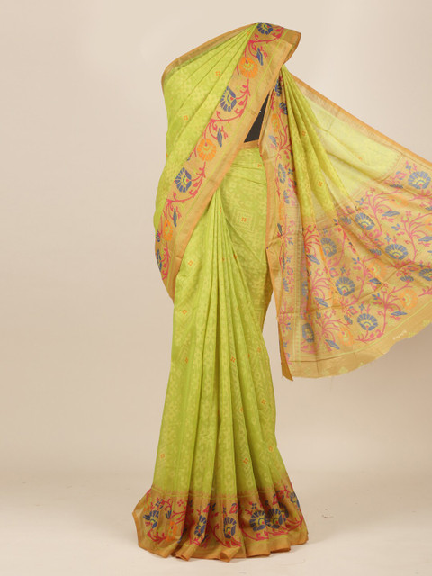 

Pothys Green & Pink Floral Jute Silk Saree