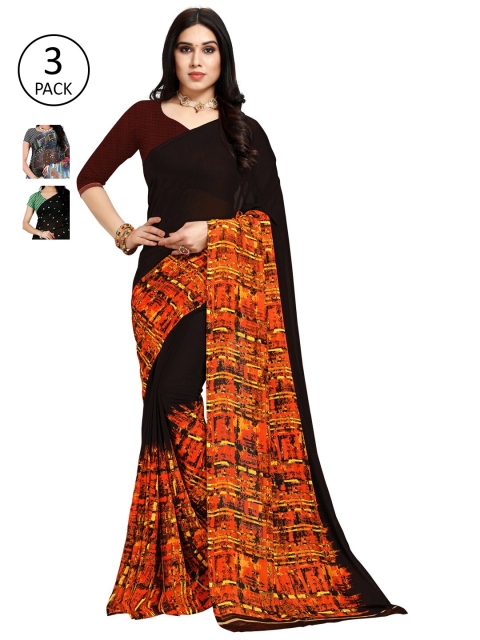 

KALINI Pack of 3 Poly Georgette Sarees, Orange