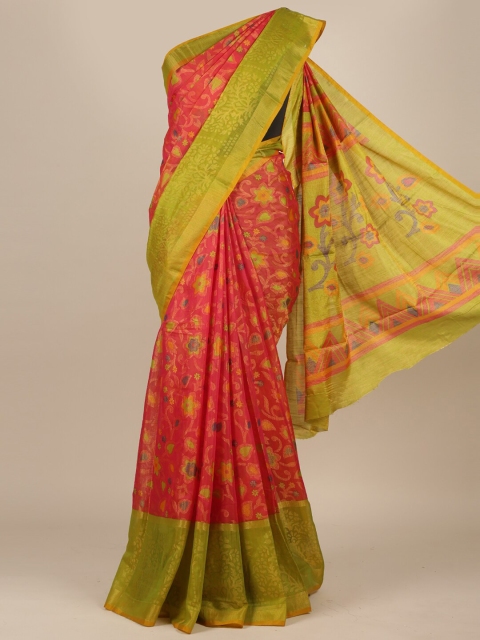

Pothys Pink & Green Floral Zari Jute Silk Saree