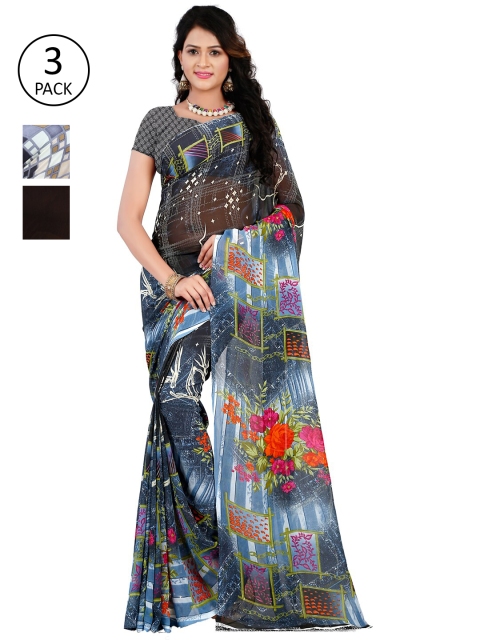 

KALINI Pack Of 3 Poly Georgette Sarees, Black