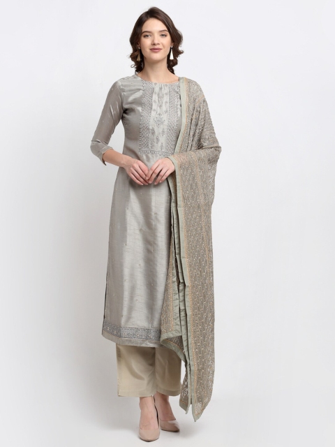 

Stylee LIFESTYLE Grey & Gold-Toned Embroidered Pure Silk Unstitched Dress Material