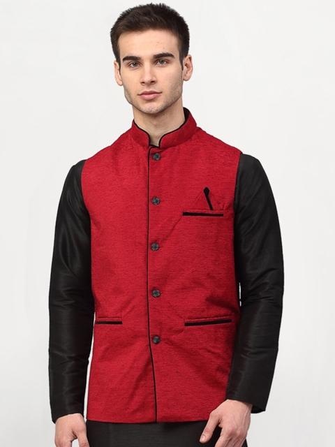 Jompers Men Red & Black Woven-Design Nehru Jacket