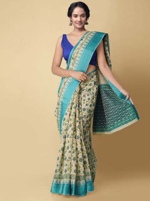 

Unnati Silks Beige & Blue Floral Silk Cotton Chanderi Saree