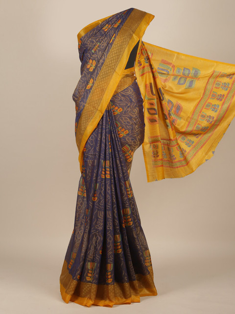 

Pothys Navy Blue & Yellow Floral Jute Silk Saree