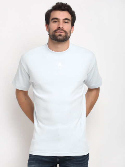 

Bhaane Men Blue Henley Neck Raw Edge Loose Cotton T-shirt