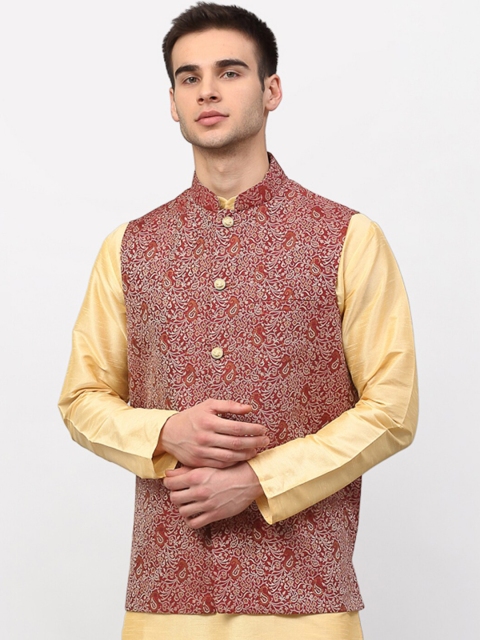 

Jompers Men Maroon & Gold-Coloured Woven-Design Nehru Jacket