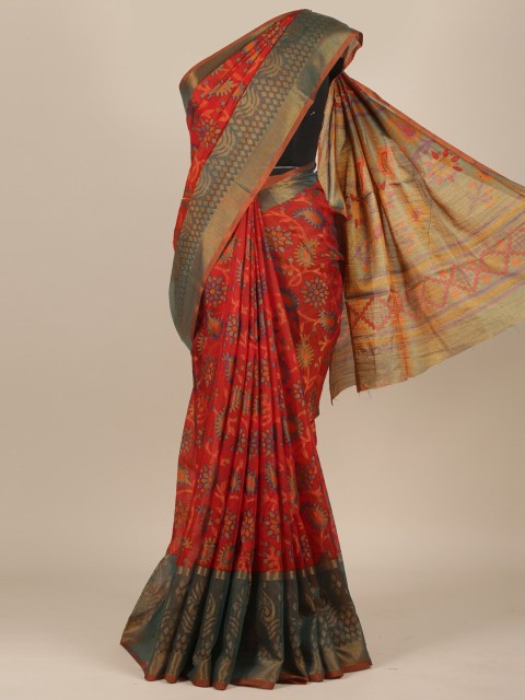 

Pothys Red & Green Paisley Jute Silk Saree