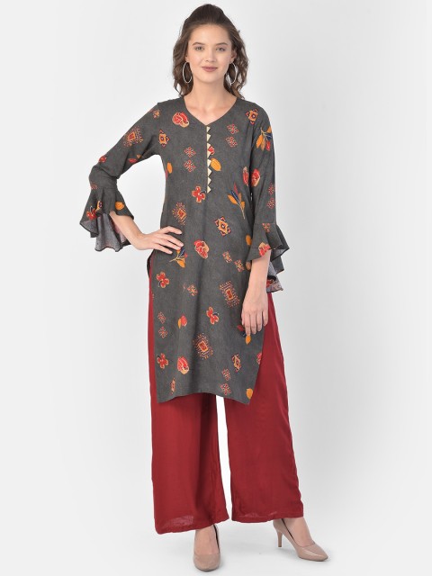 

Ojjasvi Women Grey Floral Printed Flared Sleeves Kurta
