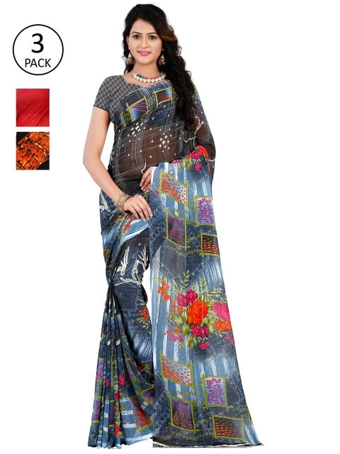 

KALINI Pack of 3 Poly Georgette Saree, Black