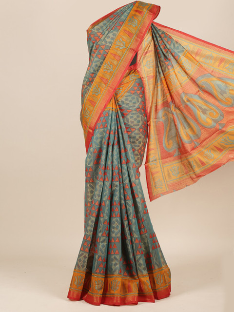 

Pothys Blue & Red Printed Jute Silk Saree